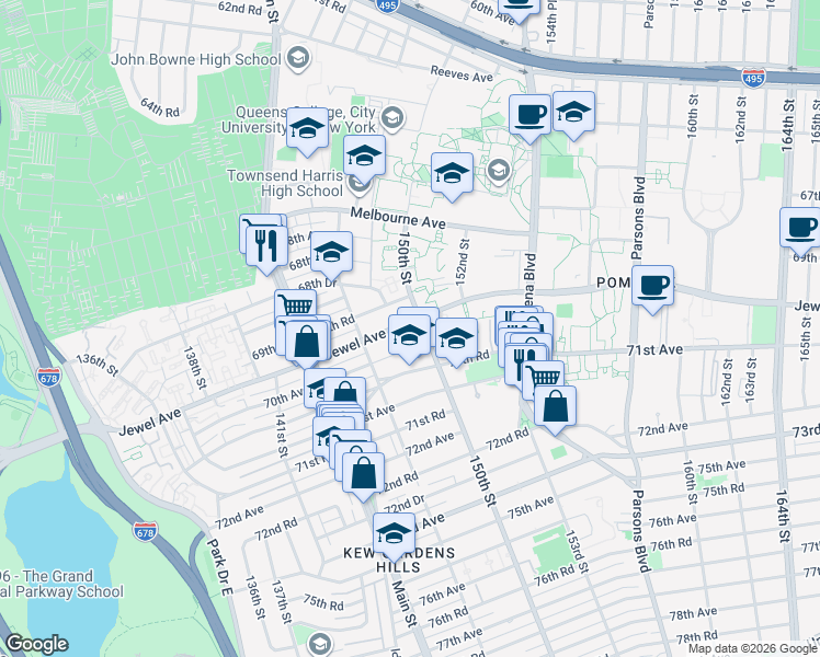 map of restaurants, bars, coffee shops, grocery stores, and more near 147-52 Jewel Avenue in Queens