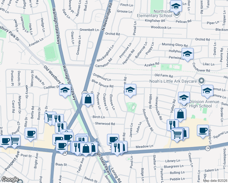 map of restaurants, bars, coffee shops, grocery stores, and more near 53 Elmtree Lane in Levittown
