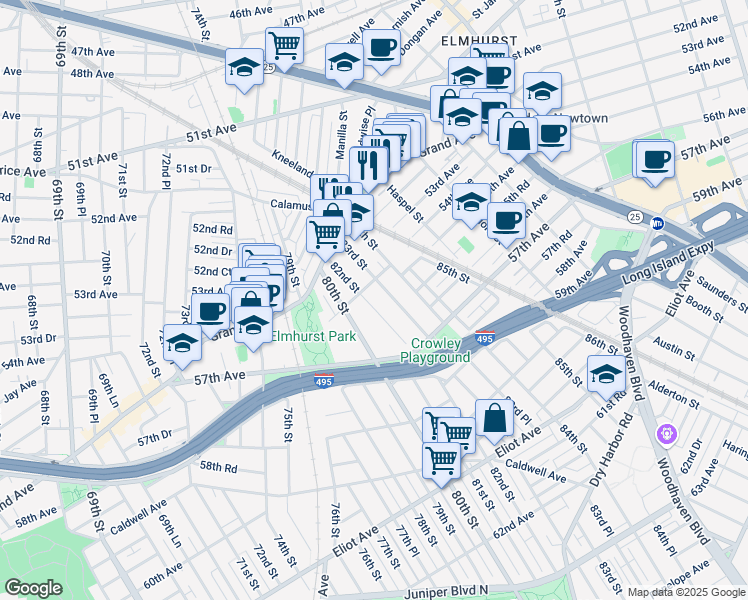 map of restaurants, bars, coffee shops, grocery stores, and more near 82-01 54th Avenue in Queens