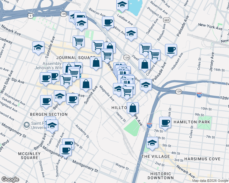 map of restaurants, bars, coffee shops, grocery stores, and more near 265 Baldwin Avenue in Jersey City