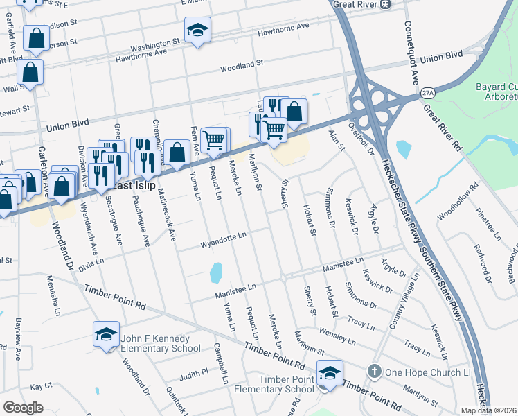 map of restaurants, bars, coffee shops, grocery stores, and more near 52 Marilynn Street in East Islip