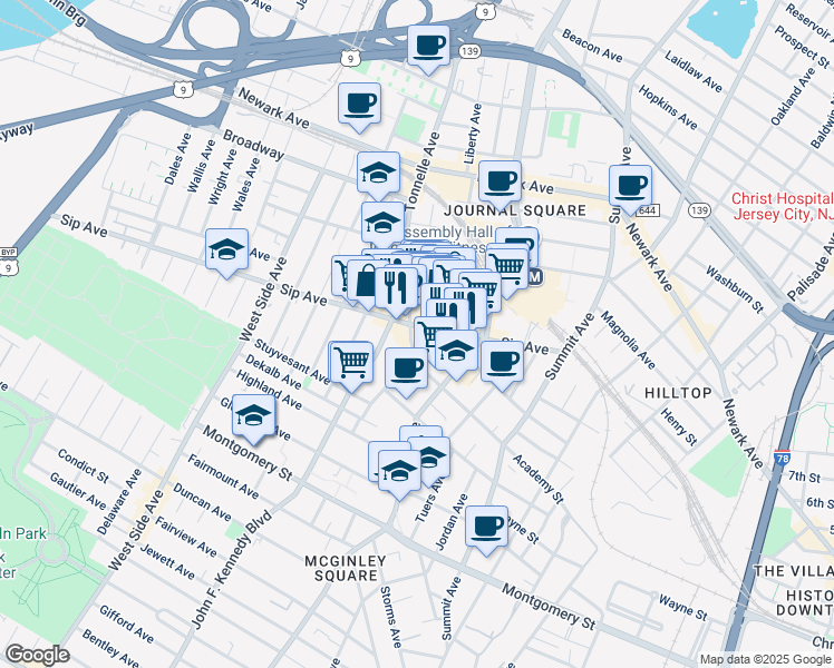 map of restaurants, bars, coffee shops, grocery stores, and more near 22 Tonnelle Avenue in Jersey City