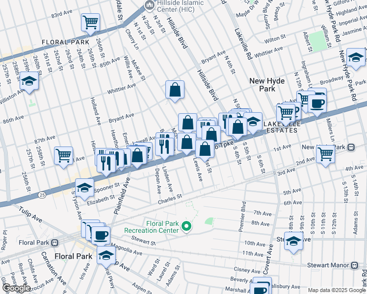 map of restaurants, bars, coffee shops, grocery stores, and more near 11 McKee Street in Floral Park