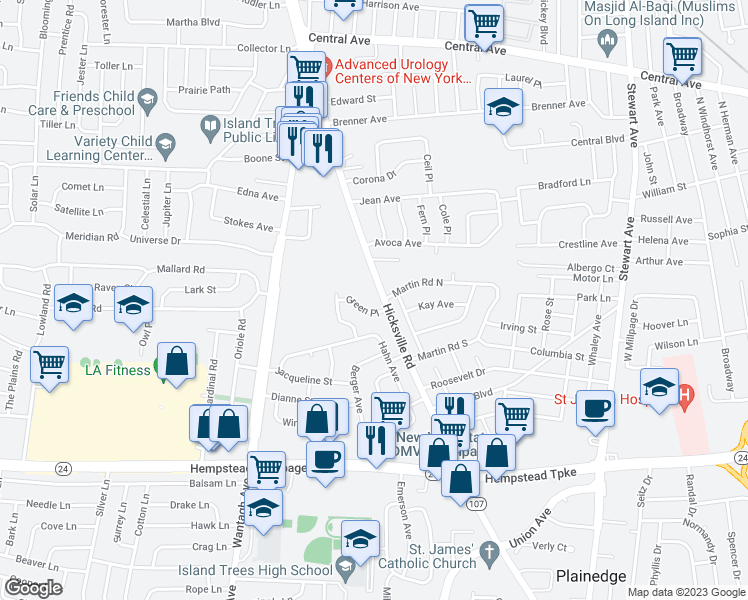 map of restaurants, bars, coffee shops, grocery stores, and more near 219 Hicksville Rd in Bethpage