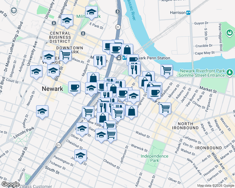 map of restaurants, bars, coffee shops, grocery stores, and more near in Newark