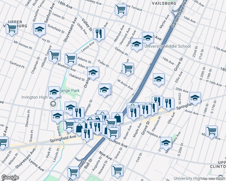 map of restaurants, bars, coffee shops, grocery stores, and more near 136 Linden Avenue in Irvington