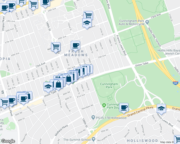 map of restaurants, bars, coffee shops, grocery stores, and more near 75-47 193rd Street in Queens