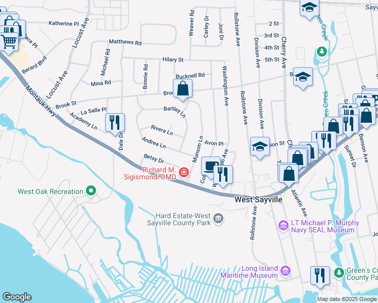map of restaurants, bars, coffee shops, grocery stores, and more near 45 Andrea Lane in West Sayville