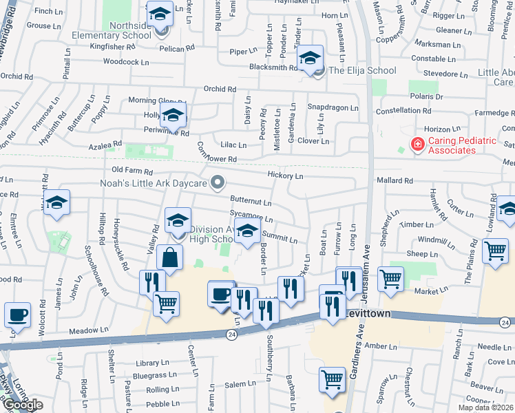 map of restaurants, bars, coffee shops, grocery stores, and more near 66 Butternut Lane in Levittown
