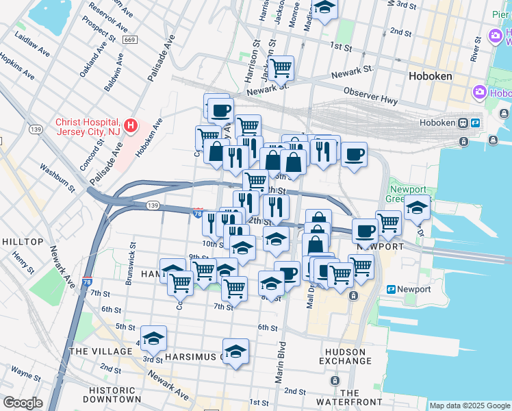 map of restaurants, bars, coffee shops, grocery stores, and more near 575 Manila Avenue in Jersey City