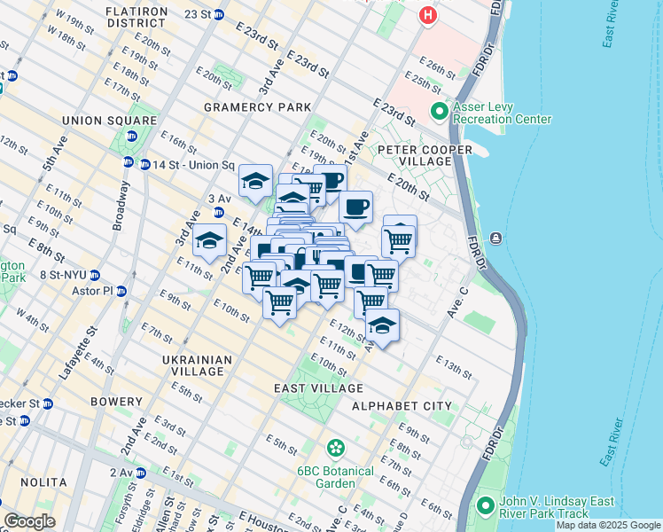 map of restaurants, bars, coffee shops, grocery stores, and more near 435 East 14th Street in New York