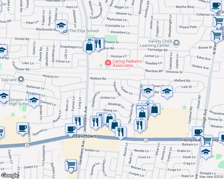map of restaurants, bars, coffee shops, grocery stores, and more near 6 Shepherd Lane in Levittown