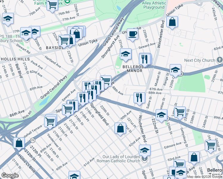 map of restaurants, bars, coffee shops, grocery stores, and more near 225-10 88th Avenue in Queens