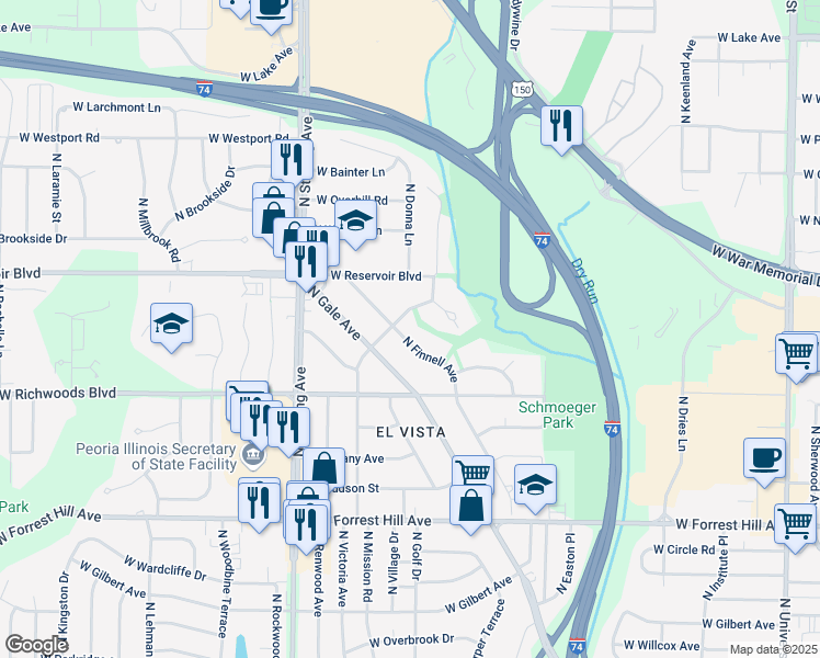 map of restaurants, bars, coffee shops, grocery stores, and more near 3544 North Finnell Avenue in Peoria
