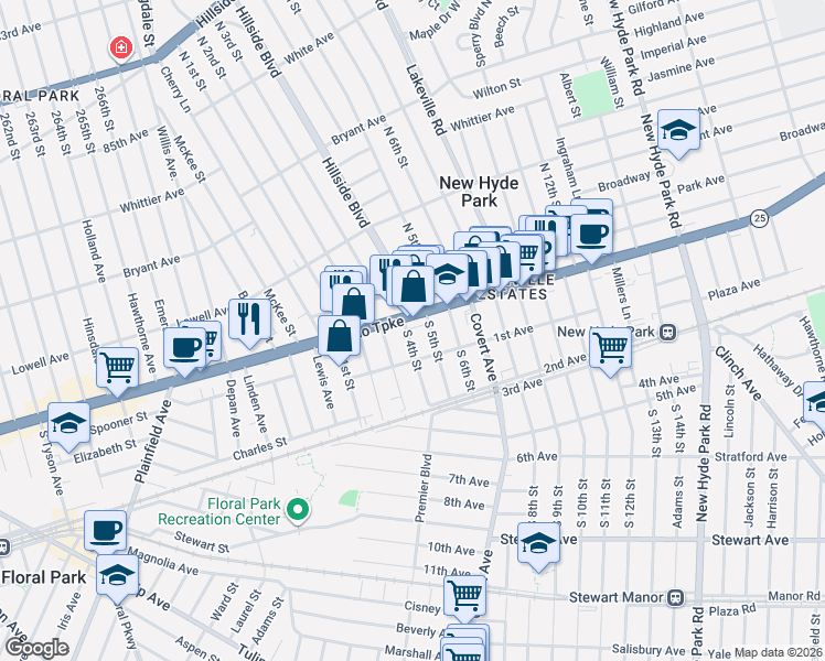 map of restaurants, bars, coffee shops, grocery stores, and more near 4 South 4th Street in New Hyde Park