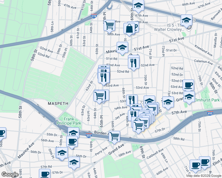 map of restaurants, bars, coffee shops, grocery stores, and more near 53-11 66th Street in Queens