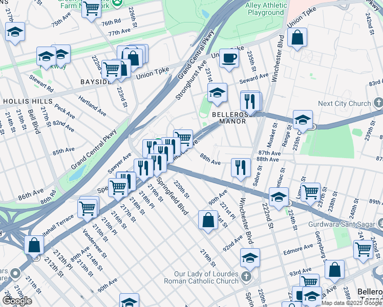 map of restaurants, bars, coffee shops, grocery stores, and more near 225-10 88th Avenue in Queens