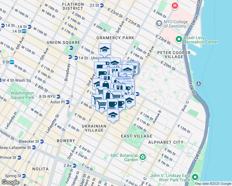map of restaurants, bars, coffee shops, grocery stores, and more near 326 East 13th Street in New York