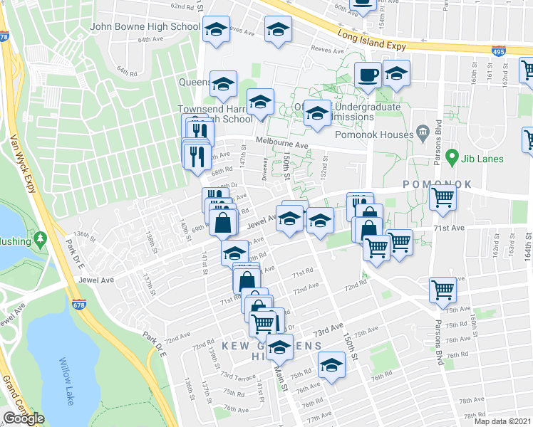 map of restaurants, bars, coffee shops, grocery stores, and more near 147-15 Jewel Avenue in Queens