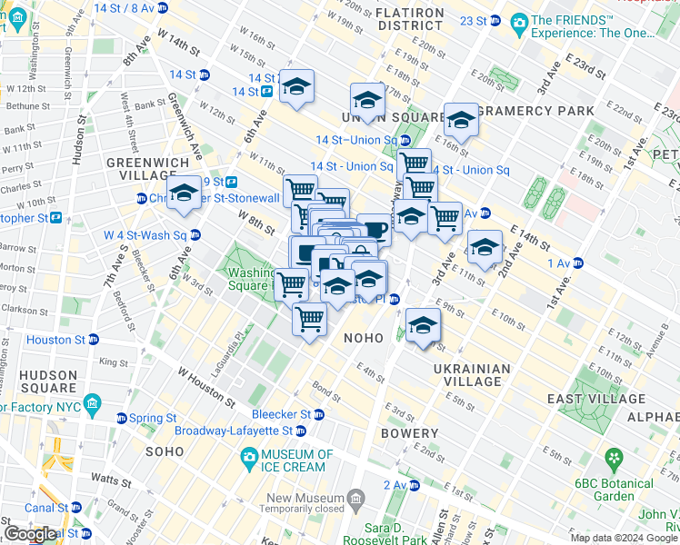 map of restaurants, bars, coffee shops, grocery stores, and more near 58 East 8th Street in New York
