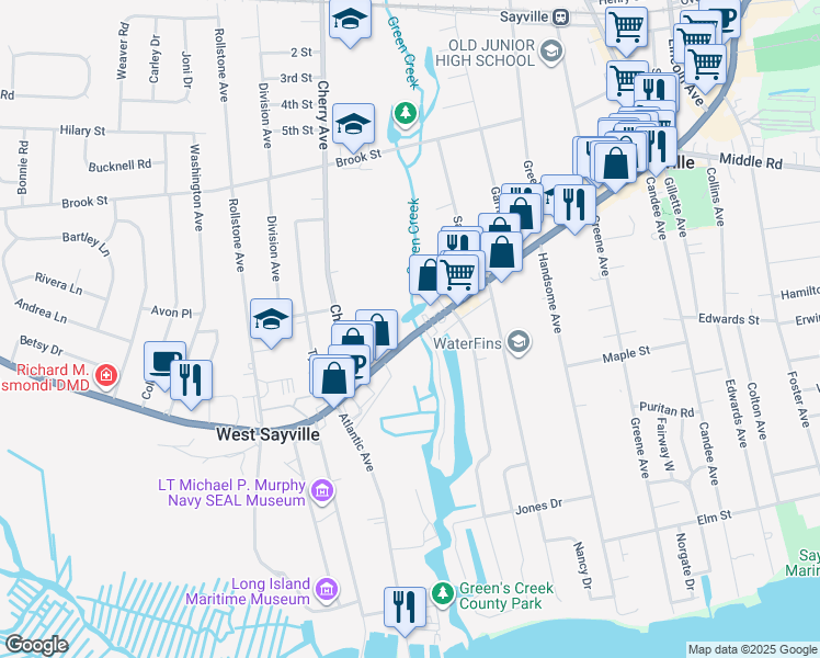 map of restaurants, bars, coffee shops, grocery stores, and more near 7 County Road 85 in West Sayville