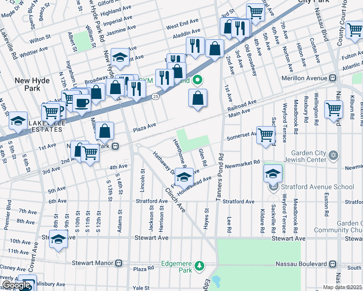 map of restaurants, bars, coffee shops, grocery stores, and more near Colonial Avenue in Garden City
