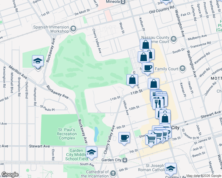 map of restaurants, bars, coffee shops, grocery stores, and more near 142 Cherry Valley Avenue in Garden City