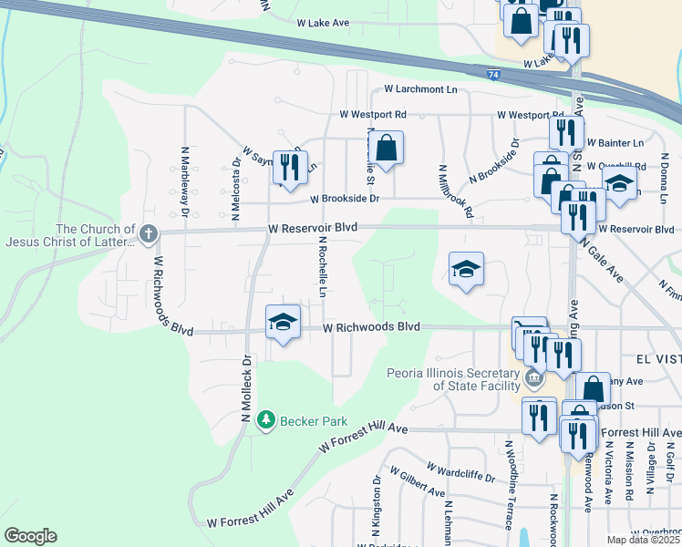map of restaurants, bars, coffee shops, grocery stores, and more near 3520 North Rochelle Lane in Peoria