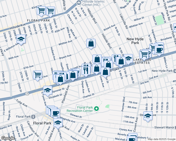 map of restaurants, bars, coffee shops, grocery stores, and more near 16 Barwick Street in Floral Park