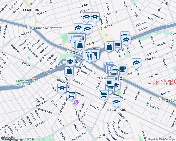 map of restaurants, bars, coffee shops, grocery stores, and more near 61-40 Saunders Street in Queens