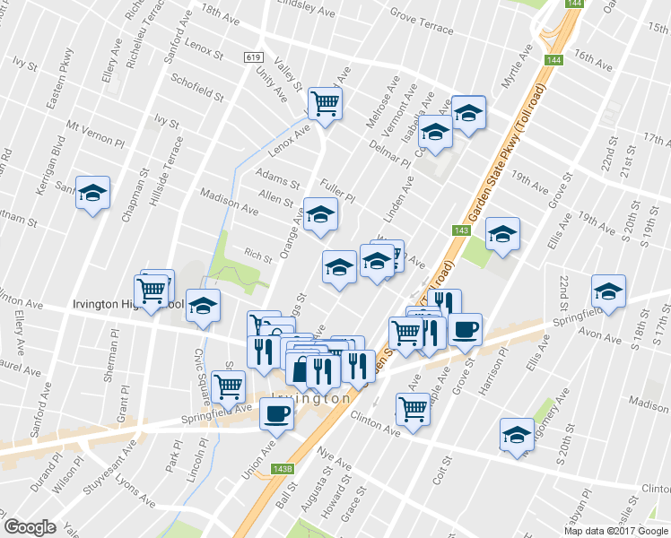 map of restaurants, bars, coffee shops, grocery stores, and more near 16 Ruth Street in Irvington
