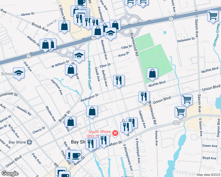 map of restaurants, bars, coffee shops, grocery stores, and more near 21 Redmond Avenue in Bay Shore