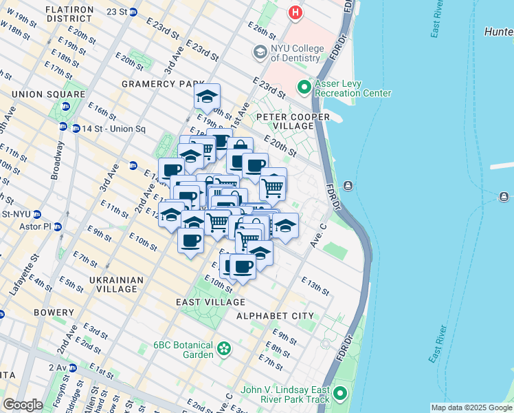 map of restaurants, bars, coffee shops, grocery stores, and more near 14th Street Loop in New York