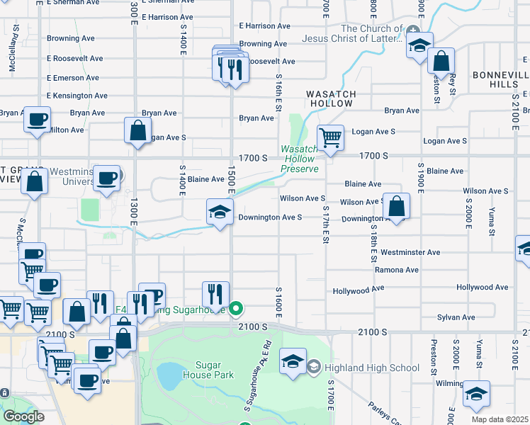map of restaurants, bars, coffee shops, grocery stores, and more near 1563 Downington Avenue in Salt Lake City