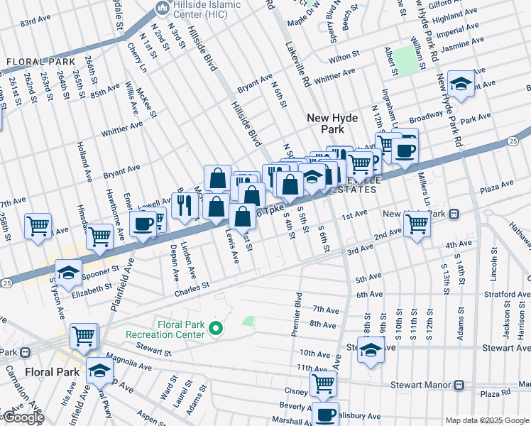 map of restaurants, bars, coffee shops, grocery stores, and more near 214 Jericho Turnpike in New Hyde Park