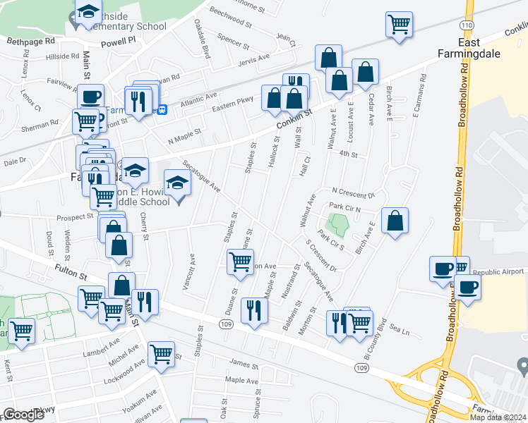 map of restaurants, bars, coffee shops, grocery stores, and more near 89 Hallock Street in Farmingdale