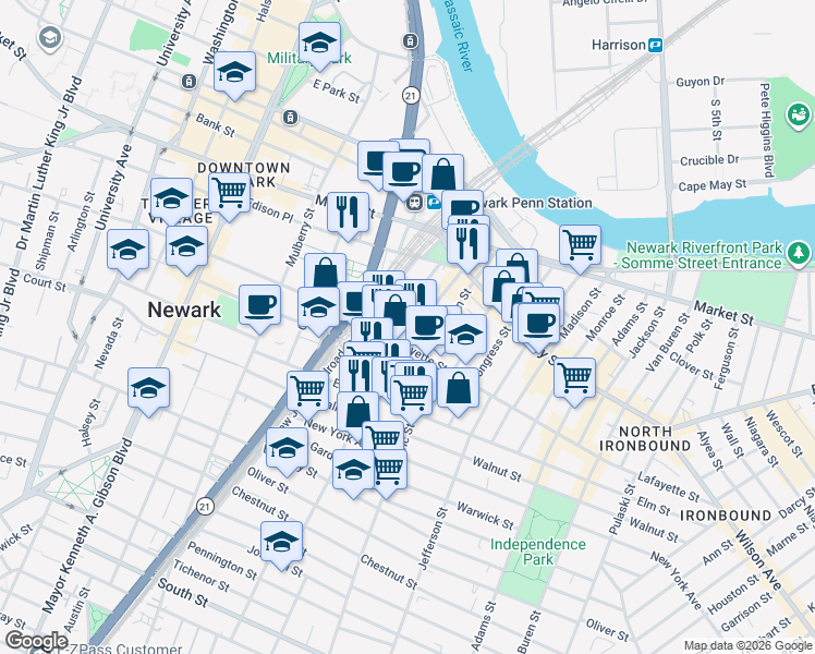 map of restaurants, bars, coffee shops, grocery stores, and more near in Newark
