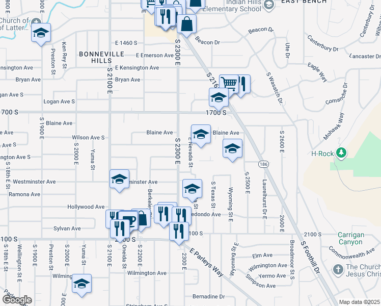 map of restaurants, bars, coffee shops, grocery stores, and more near 1825 East Nevada Street in Salt Lake City