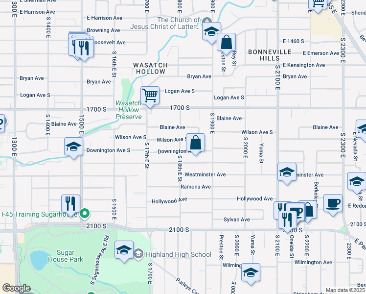 map of restaurants, bars, coffee shops, grocery stores, and more near 1823 Downington Avenue South in Salt Lake City