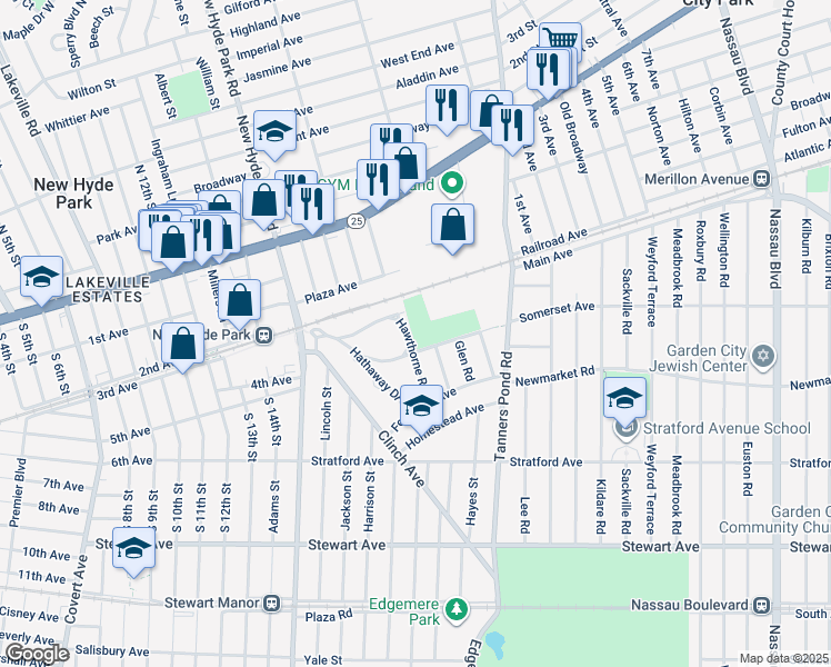 map of restaurants, bars, coffee shops, grocery stores, and more near Colonial Avenue in Garden City