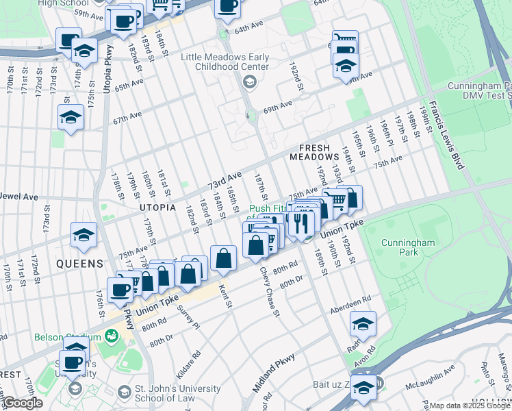 map of restaurants, bars, coffee shops, grocery stores, and more near 73-60 187th Street in Queens