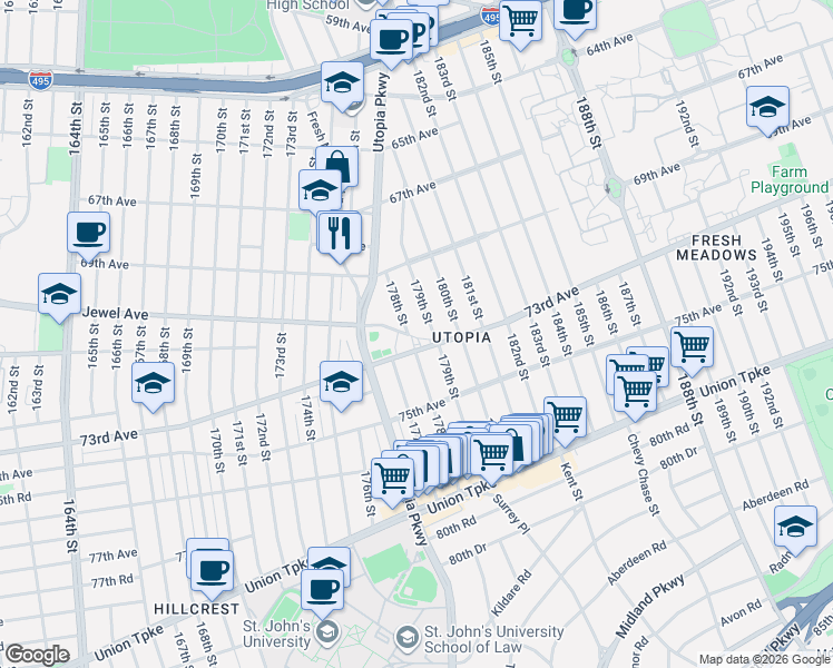 map of restaurants, bars, coffee shops, grocery stores, and more near 69-77 179th Street in Queens