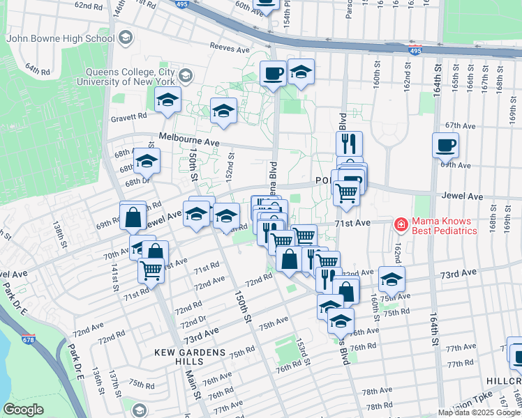 map of restaurants, bars, coffee shops, grocery stores, and more near 70-29 Kissena Boulevard in Queens