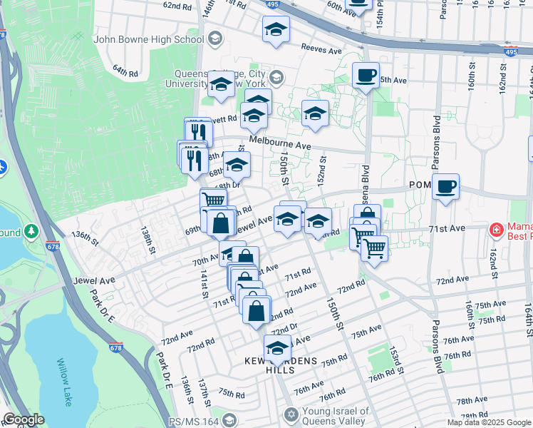 map of restaurants, bars, coffee shops, grocery stores, and more near 147-15 Jewel Avenue in Queens