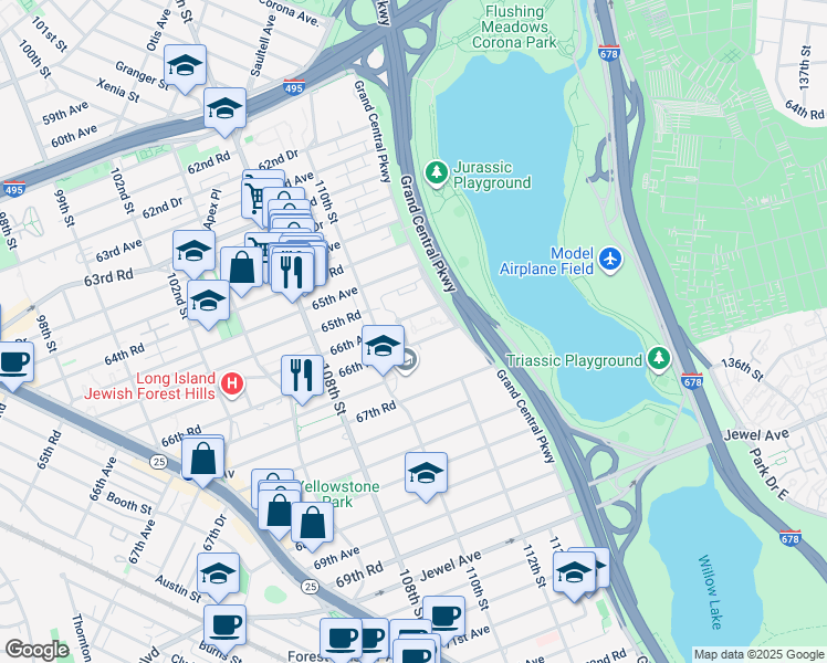 map of restaurants, bars, coffee shops, grocery stores, and more near 66 111th Street in Queens