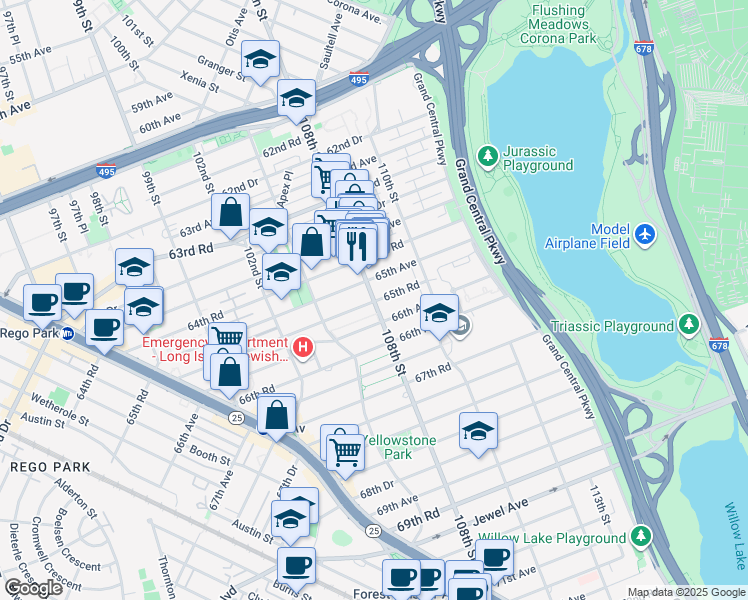map of restaurants, bars, coffee shops, grocery stores, and more near in Queens