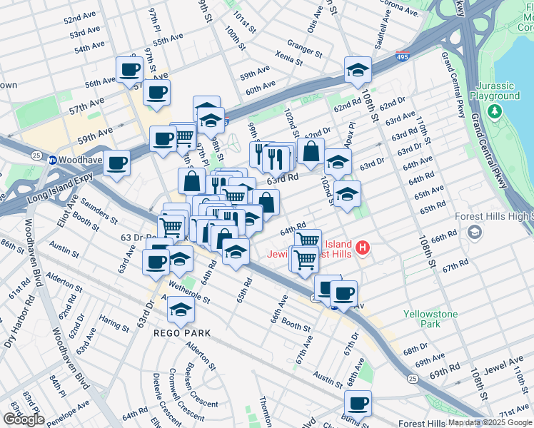 map of restaurants, bars, coffee shops, grocery stores, and more near 9851 64th Avenue in Queens