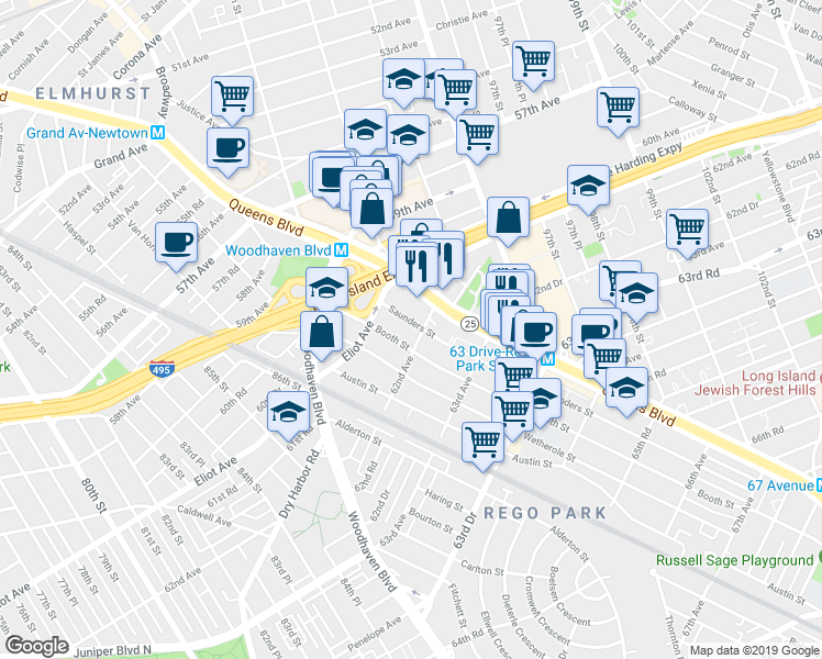 map of restaurants, bars, coffee shops, grocery stores, and more near 98-20 62nd Drive in Queens