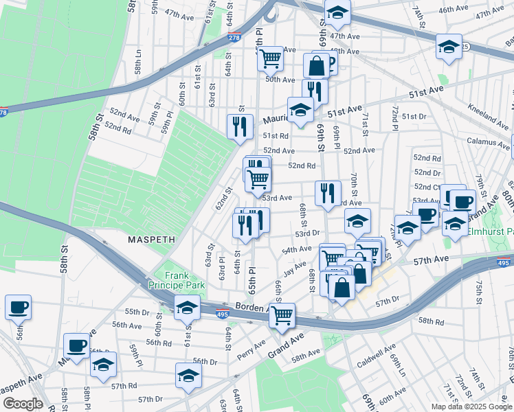 map of restaurants, bars, coffee shops, grocery stores, and more near 5314 65th Place in Queens