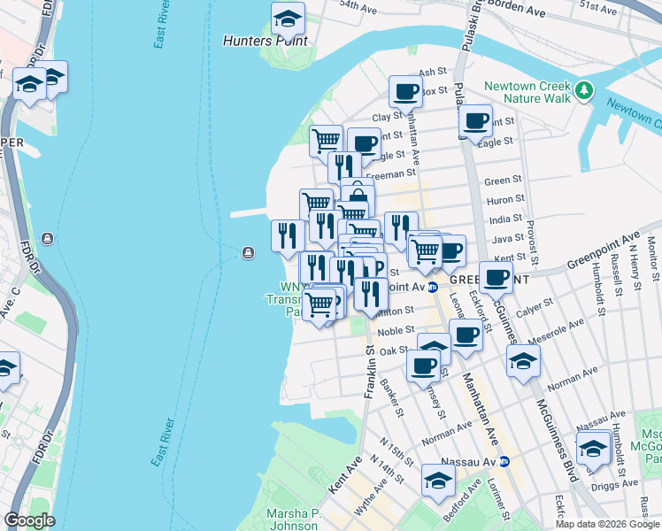 map of restaurants, bars, coffee shops, grocery stores, and more near 122 West Street in Brooklyn